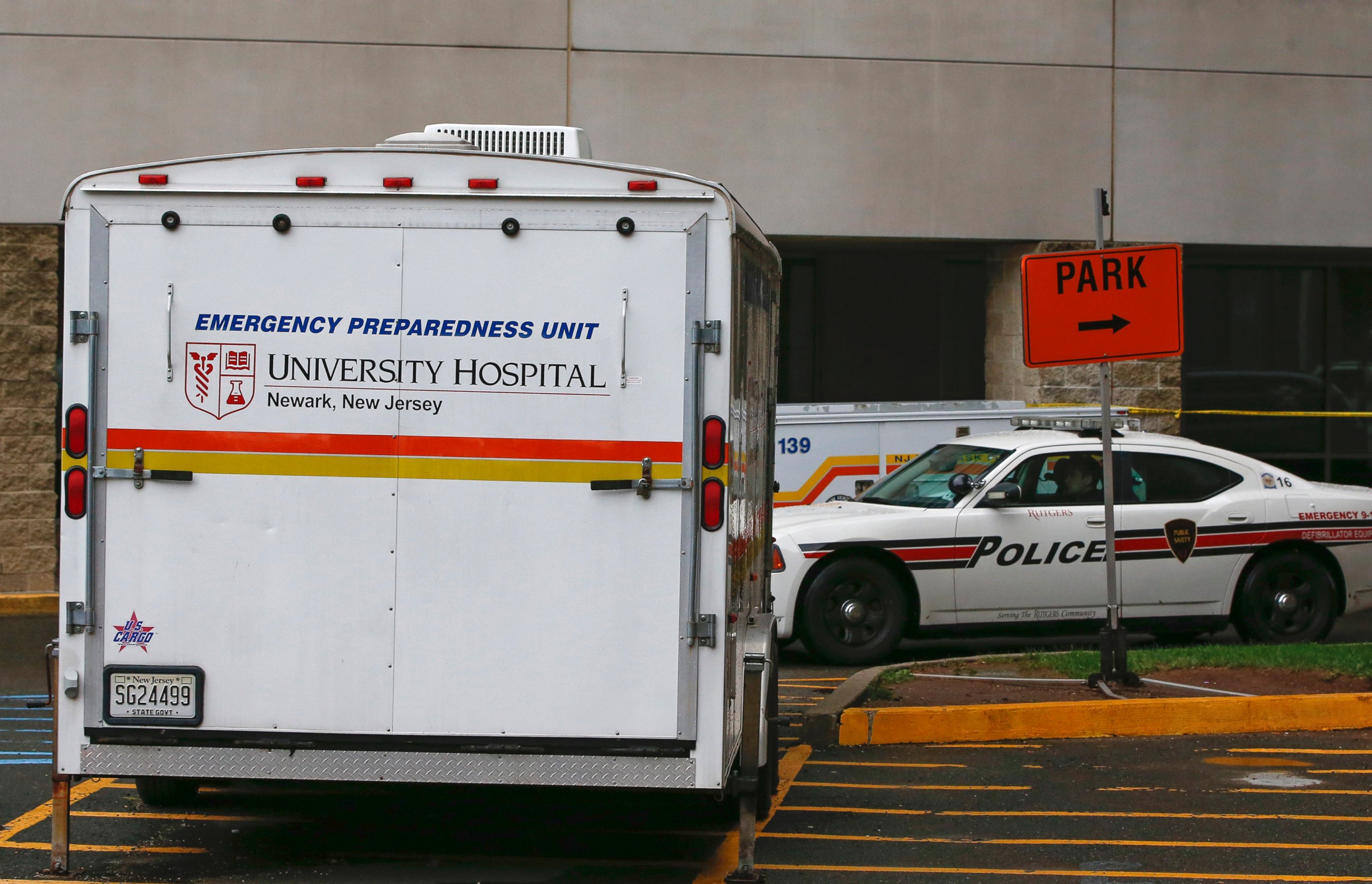 PHOTO: A University Hospital Emergency Preparedness Unit vehicle is seen where a person was being checked for Ebola at University Hospital in Newark, N.J., Oct. 22, 2014.