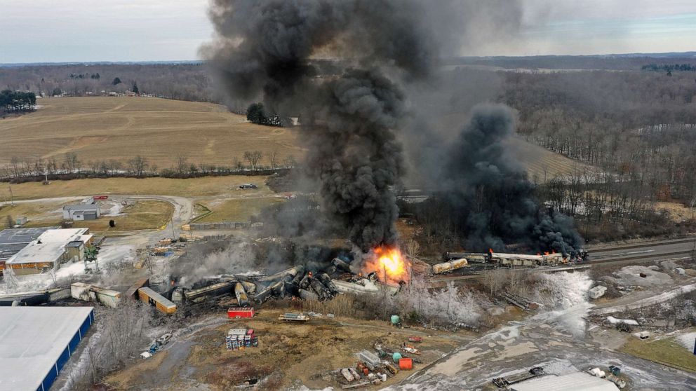 PHOTO: This photo taken with a drone shows portions of a Norfolk Southern freight train that derailed Friday night in East Palestine, Ohio are still on fire at mid-day Saturday, Feb. 4, 2023.