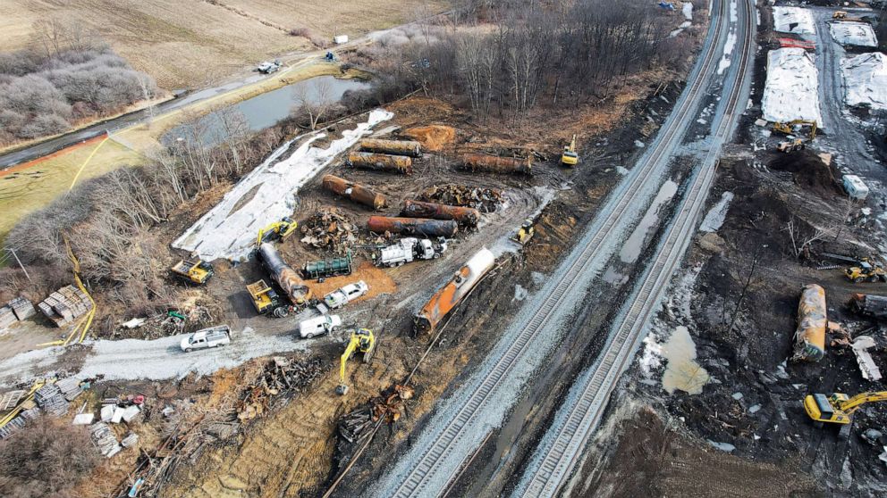 PHOTO: A general view of the site of the derailment of a train carrying hazardous waste in East Palestine, Ohio, Feb. 23, 2023.