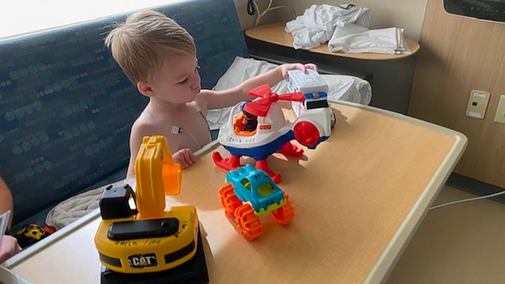 PHOTO: Wilder Jackson, 2, plays with toys at Dayton Children's Hospital while recovering from three viruses in Dayton, Ohio in October 2022.