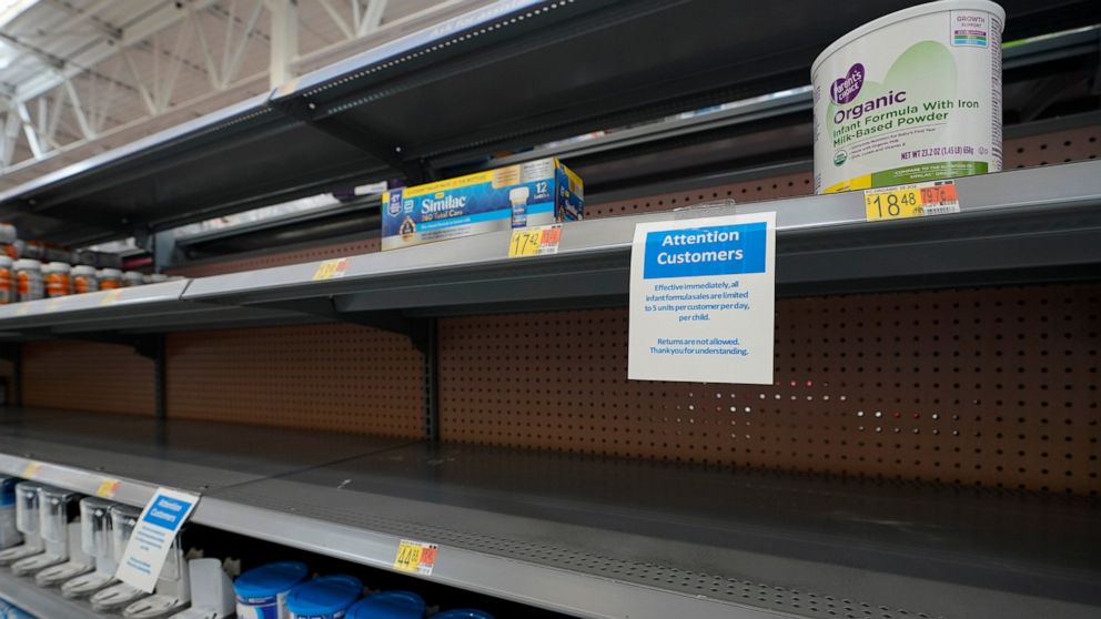 FILE - Shelves typically stocked with baby formula sit mostly empty at a store in San Antonio, Tuesday, May 10, 2022. A massive baby formula recall, combined with COVID-related supply chain problems, is getting most of the blame for the shortage that