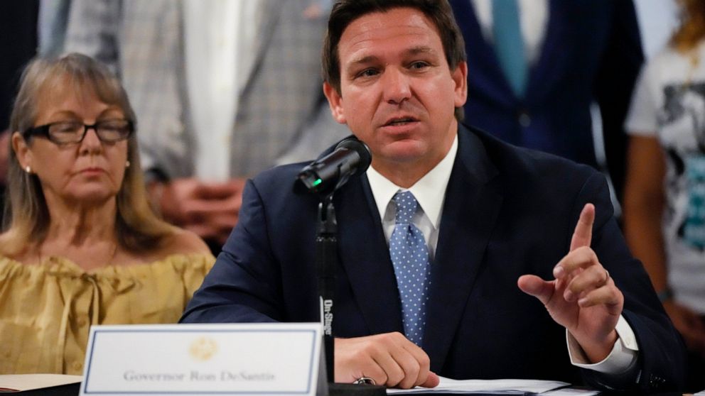 Florida Gov. Ron DeSantis speaks to journalists following a round table on Cuba, Tuesday, July 13, 2021, at the American Museum of the Cuban Diaspora in Miami.(AP Photo/Rebecca Blackwell)