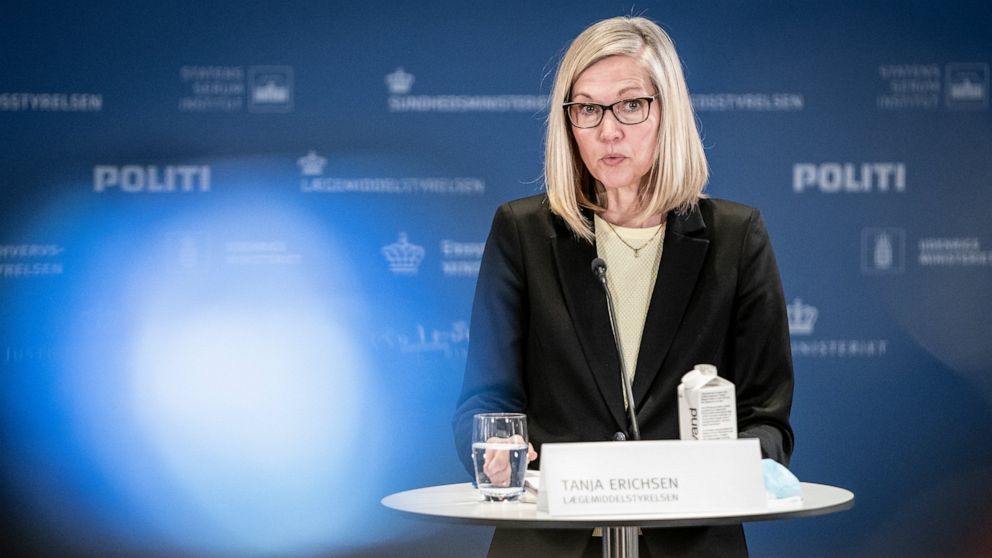 Tanja Erichsen, from the Danish Medicines Agency speaks during a press briefing about the status of the AstraZeneca COVID-19 vaccine , n Copenhagen, Thursday, March 25, 2021. Danish officials have decided to extend their suspension of the AstraZeneca