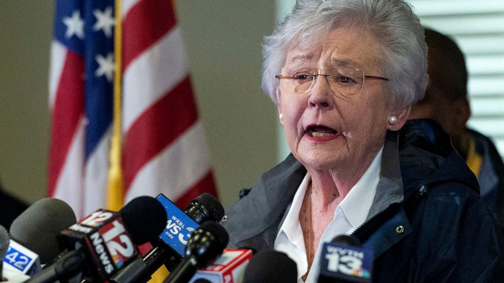 FILE - In this March 4, 2019, file photo, Alabama Gov. Kay Ivey speaks at a news conference in Beauregard, Ala. Alabama Gov. Kay Ivey's office said Wednesday, Jan. 8, 2020 that scans show no recurrence of a lung cancer after she underwent three month