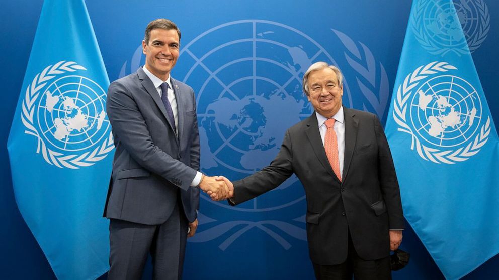 United Nations Secretary-General António Guterres, right, poses for a photo with Spain's Prime Minister Pedro Sánchez, Monday, Sept. 19, 2022, at U.N. headquarters. (Ariana Lindquist/United Nations via AP)