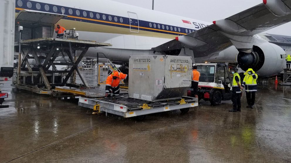 In this photo provided by New Zealand Ministry of Health, a shipment containing coronavirus vaccines is unloaded from a plane upon arrival in Auckland as New Zealand receives its first batch Monday, Feb. 15, 2021. Officials said the shipment of about