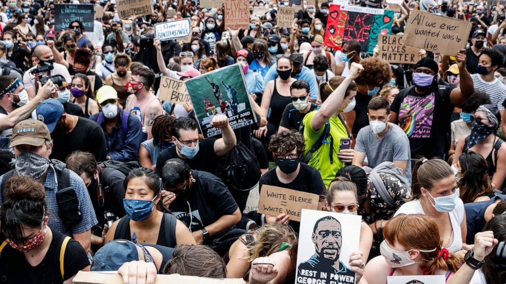 Protesters gather for a rally at Cadman Plaza Park, Thursday, June 4, 2020, in New York. Protests continued following the death of George Floyd, who died after being restrained by Minneapolis police officers on May 25. (AP Photo/John Minchillo)