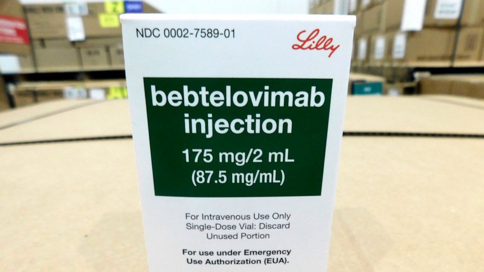This image provided by Eli Lilly and Company shows the packaging for bebtelovimab. U.S. health regulators on Friday, Feb 11, 2022, authorized the new antibody drug from Eli Lilly that specifically targets the omicron variant, a key step in restocking