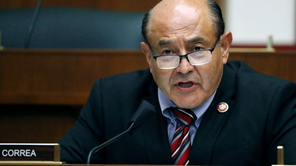 FILE - In this Sept. 17, 2020, file photo, Rep. Lou Correa, D-Calif., questions witnesses during a House Committee on Homeland Security hearing on "worldwide threats to the homeland," on Capitol Hill Washington. Democratic Rep. Lou Correa announced S