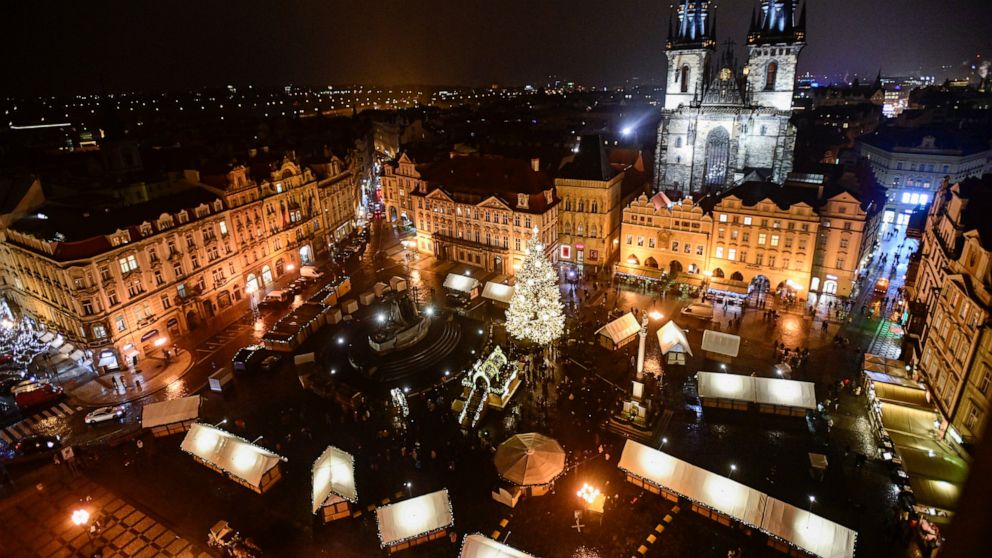 A general view of a Christmas market in Old Town Square in Prague, Czech Republic, Friday, Nov. 26, 2021. Due to the high rise in COVID-19 infections, Czech government banned Christmas markets in the whole country as of the evening of Friday Nov. 26,