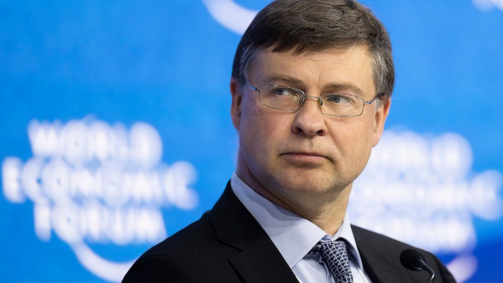 Valdis Dombrovskis, Executive Vice-President for an Economy that Works for People at the European Commission attends a session at the 51st annual meeting of the World Economic Forum, WEF, in Davos, Switzerland, Wednesday, May 25, 2022. (Gian Ehrenzel