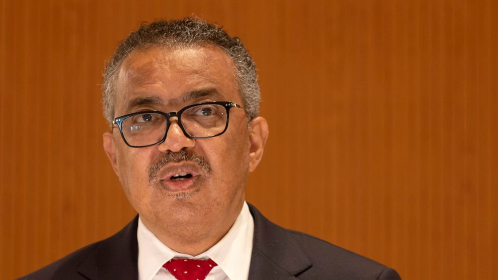 Director General of the World Health Organization (WHO) Tedros Adhanom Ghebreyesus addresses delegates during the first day of the 75th World Health Assembly at the European headquarters of the United Nations in Geneva, Switzerland, Sunday, May 22, 2