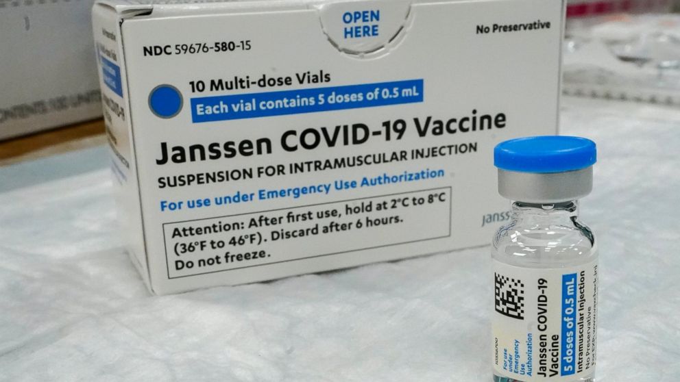 FILE - In this Thursday, April 8, 2021 file photo, the Johnson & Johnson COVID-19 vaccine sits on a table at a pop up vaccinations site the Albanian Islamic Cultural Center, in the Staten Island borough of New York. The U.S. is recommending a “pause”