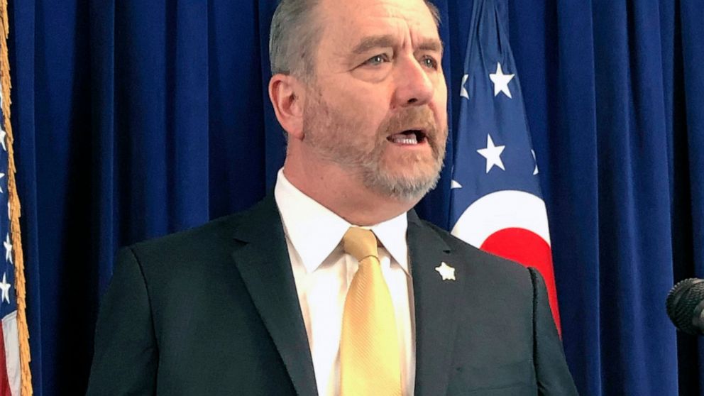 FILE - Ohio Attorney General Dave Yost speaks in Columbus, Ohio, on Feb. 20, 2020. Federally funded family planning clinics can continue to make abortion referrals for now, a federal court ruled Tuesday, Feb. 8, 2022, in a setback for a dozen Republi