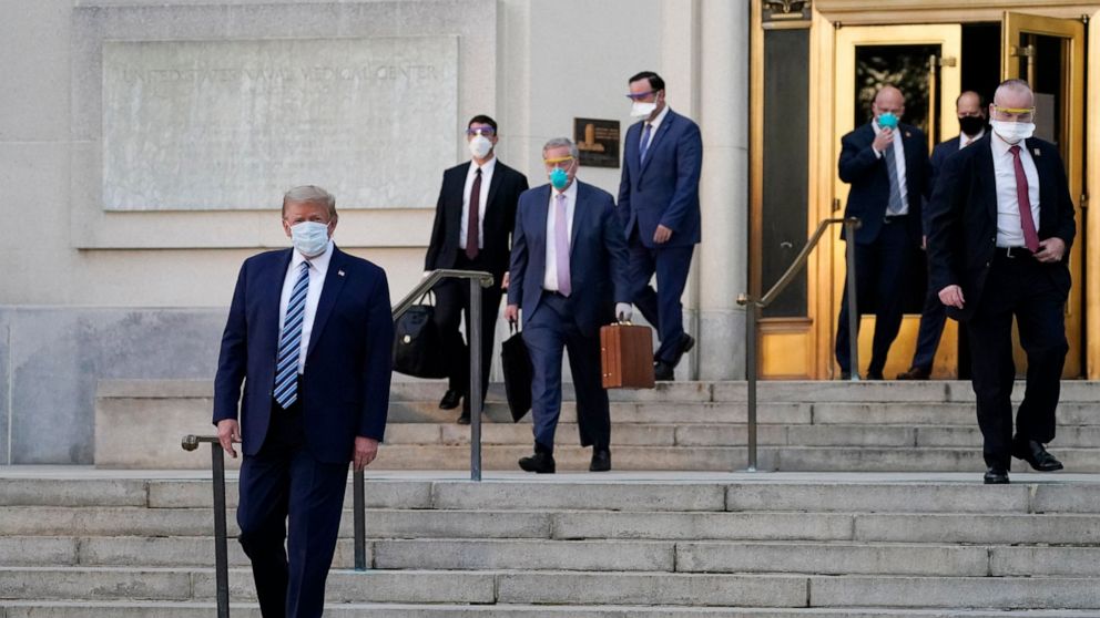 President Donald Trump walks out of Walter Reed National Military Medical Center to return to the White House after receiving treatments for covid-19, Monday, Oct. 5, 2020, in Bethesda, Md. (AP Photo/Evan Vucci)