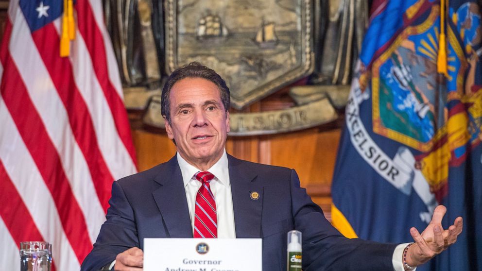 In this Wednesday, Nov. 18, 2020 photo provided by the Office of Governor Andrew M. Cuomo, Gov. Cuomo holds a press briefing on the coronavirus in the Red Room at the State Capitol in Albany, N.Y. During the news conference, Cuomo predicted a "tremen
