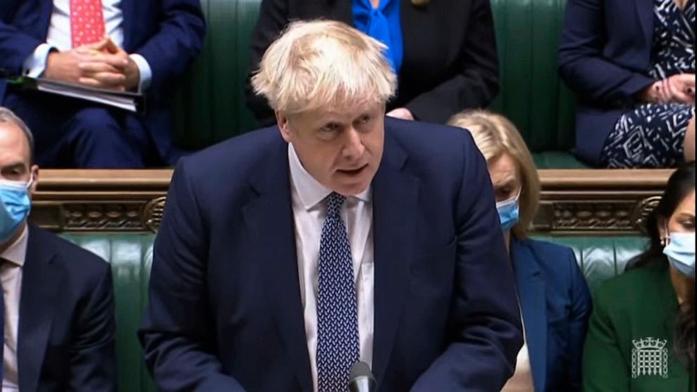 In this grab taken from video, Britain's Prime Minister Boris Johnson makes a statement ahead of Prime Minister's Questions in the House of Commons, London, Wednesday, Jan. 12, 2022. Johnson has apologized for attending a garden party during Britain’