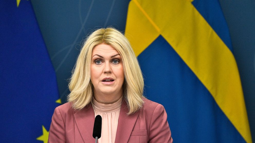 Minister of Social Affairs Lena Hallengren holds a digital press conference with the Swedish Public Health Agency's Director General Karin Tegmark Wisell on measures linked to COVID-19. Sweden announced Wednesday that several coronavirus restrictions