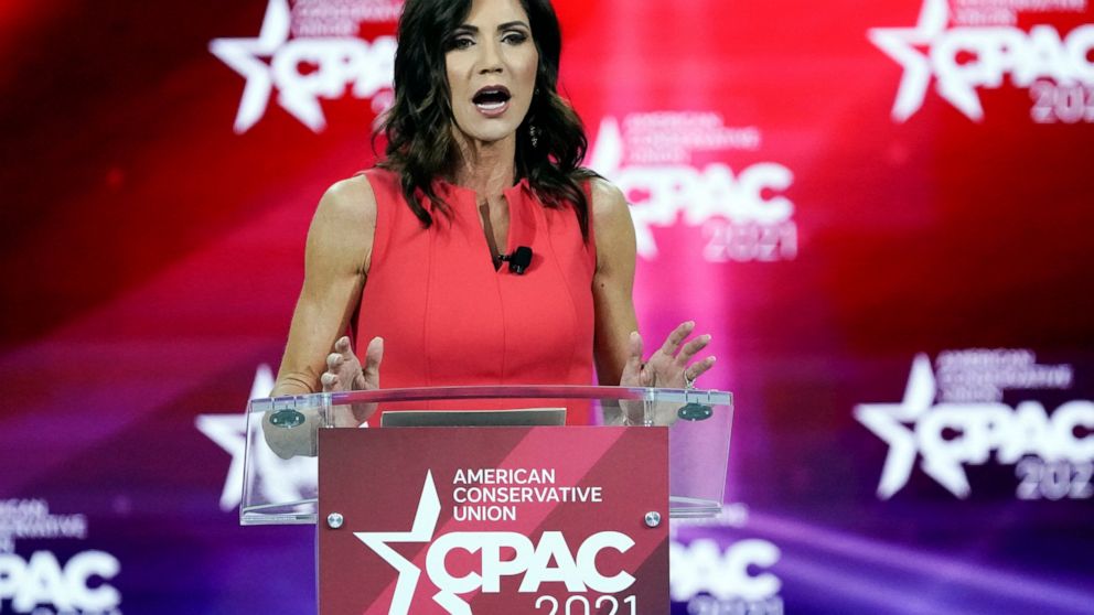 FILE - In this Feb. 27, 2021, file photo, South Dakota Gov. Kristi Noem speaks at the Conservative Political Action Conference (CPAC) in Orlando, Fla. The South Dakota Supreme Court on Wednesday, April 28, 2021, heard final arguments in a legal battl