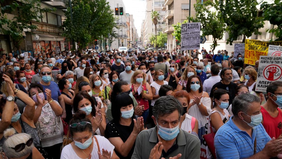 Greek health care workers protest against mandatory vaccines