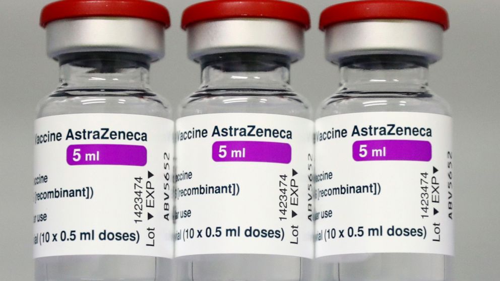 FILE - In this file photo dated Monday, March 22, 2021, vials of the AstraZeneca COVID-19 vaccine in a fridge at the local vaccine center in Ebersberg near Munich, Germany. German officials have decided to limit the use of AstraZeneca’s coronavirus v