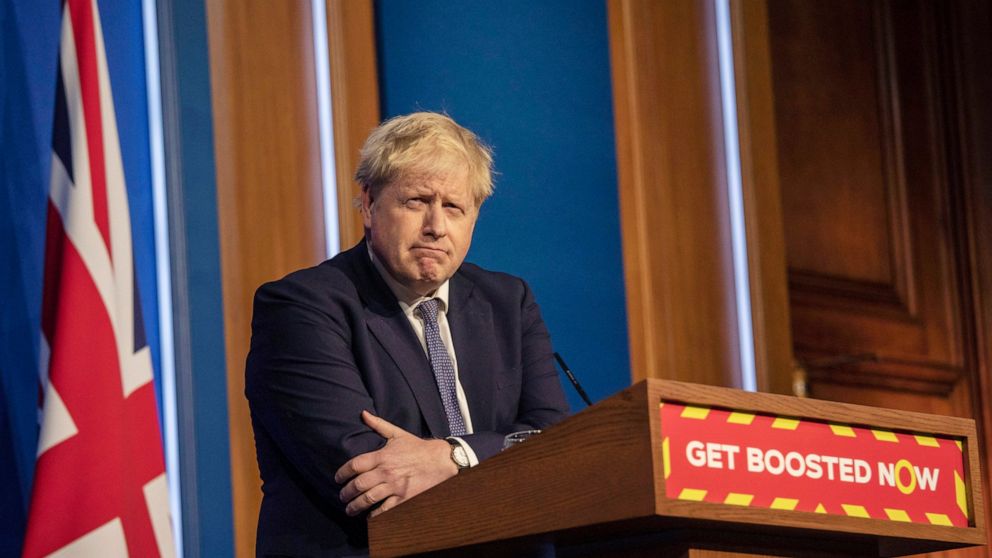 FILE - Britain's Prime Minister Boris Johnson pauses during a coronavirus media briefing in Downing Street, London, Tuesday, Jan. 4, 2022. (Jack Hill, Pool Photo via AP, File)