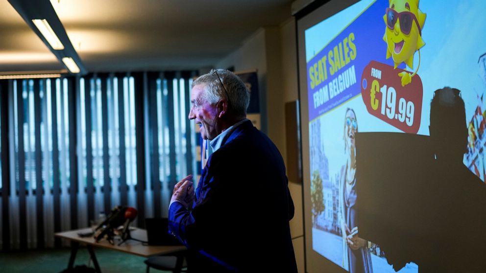 Ryanair Chief Executive Officer Michael O'Leary poses for photographers during a media conference in Brussels, Thursday, July 1, 2021. (AP Photo/Francisco Seco)