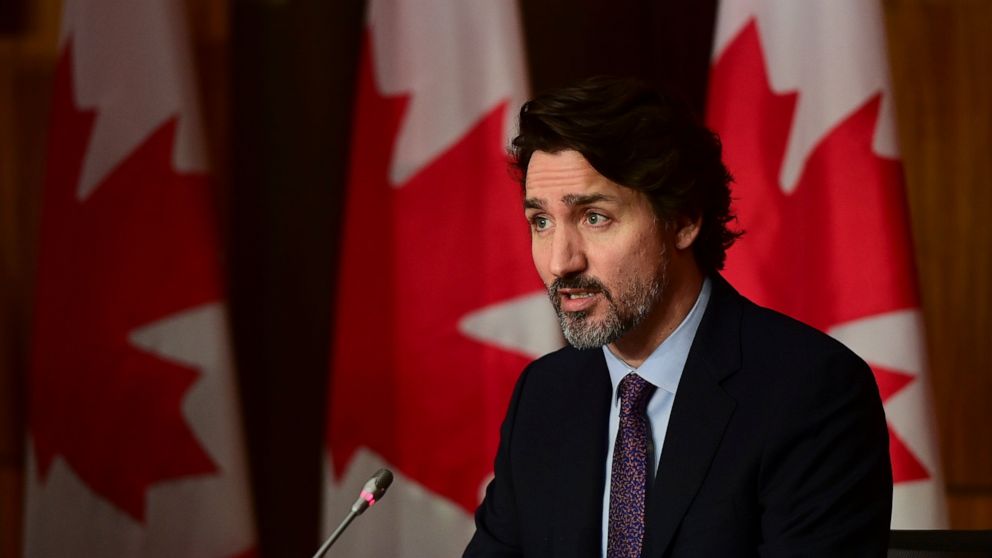Canada Prime Minister Justin Trudeau speaks during a press conference in Ottawa, Friday, April 23, 2021, during the COVID-19 pandemic. (Sean Kilpatrick/The Canadian Press via AP)