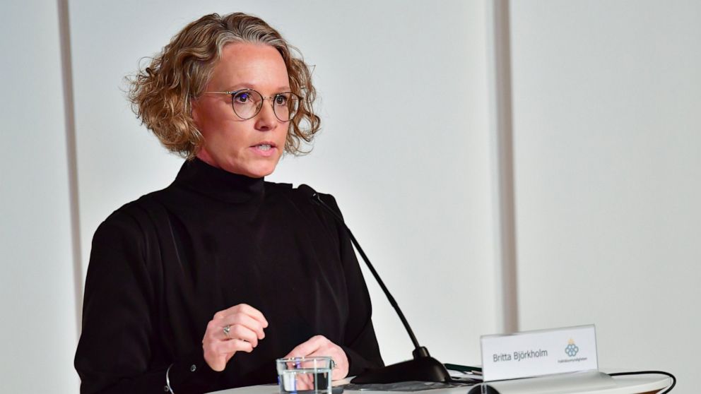 Britta Bjorkholm of the Public Health Agency of Sweden speaks during a press conference on COVID-19, in Stockholm, Sweden, Wednesday Jan. 5, 2022. Public health authorities in Sweden have authorized restaurants, cultural venues and leisure centers to
