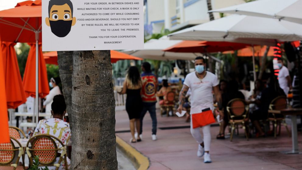 A sign informs customers at the Edison Hotel restaurant about wearing a protective face mask during the coronavirus pandemic, Friday, July 24, 2020, along Ocean Drive in Miami Beach, Fla. Masks are mandated both indoors and outdoors in Miami Beach. P