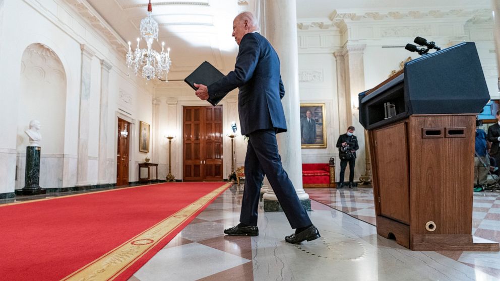 President Joe Biden steps away from the podium after speaking at the White House in Washington, Friday, June 24, 2022, after the Supreme Court overturned Roe v. Wade. (AP Photo/Andrew Harnik)