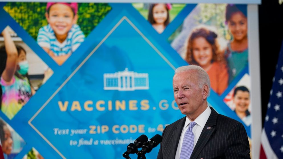 FILE - President Joe Biden talks about the newly approved COVID-19 vaccine for children ages 5-11 from the South Court Auditorium on the White House complex in Washington, Wednesday, Nov. 3, 2021. On Wedneasday, Dec. 15, 2021, a federal appeals court