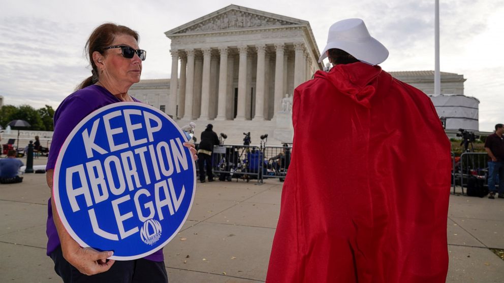 The Supreme Court is seen on the first day of the new term as activists demonstrate on the plaza, in Washington, Monday, Oct. 4, 2021. Arguments are planned for December challenging Roe v. Wade and Planned Parenthood v. Casey, the Supreme Court's maj