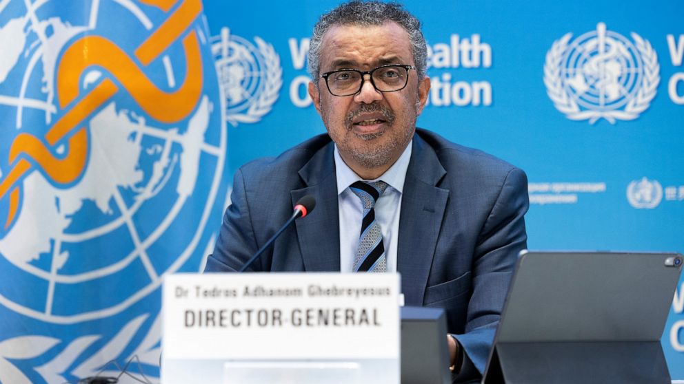 FILE - Tedros Adhanom Ghebreyesus, Director General of the World Health Organization (WHO), talks to the media regarding the coronavirus COVID-19 and WHO's global health priorities in 2022, during a new press conference, at the World Health Organizat