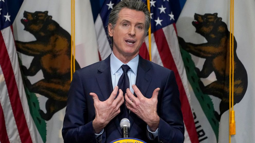 FILE - In this Jan. 8, 2021, file photo, California Gov. Gavin Newsom gestures during a news conference in Sacramento, Calif. Gov. Newsom is facing the possibility that he could be removed by voters in a recall election later this year, in the midst 