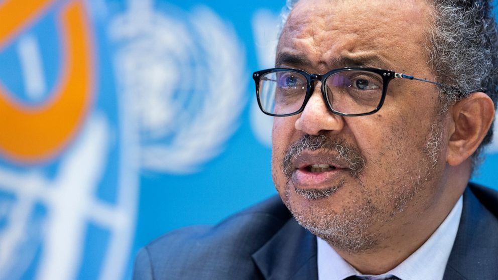 FILE - Tedros Adhanom Ghebreyesus, Director General of the World Health Organization talks to the media regarding the coronavirus COVID-19 at the World Health Organization headquarters in Geneva, Switzerland, Monday, Dec. 20, 2021. The World Health O