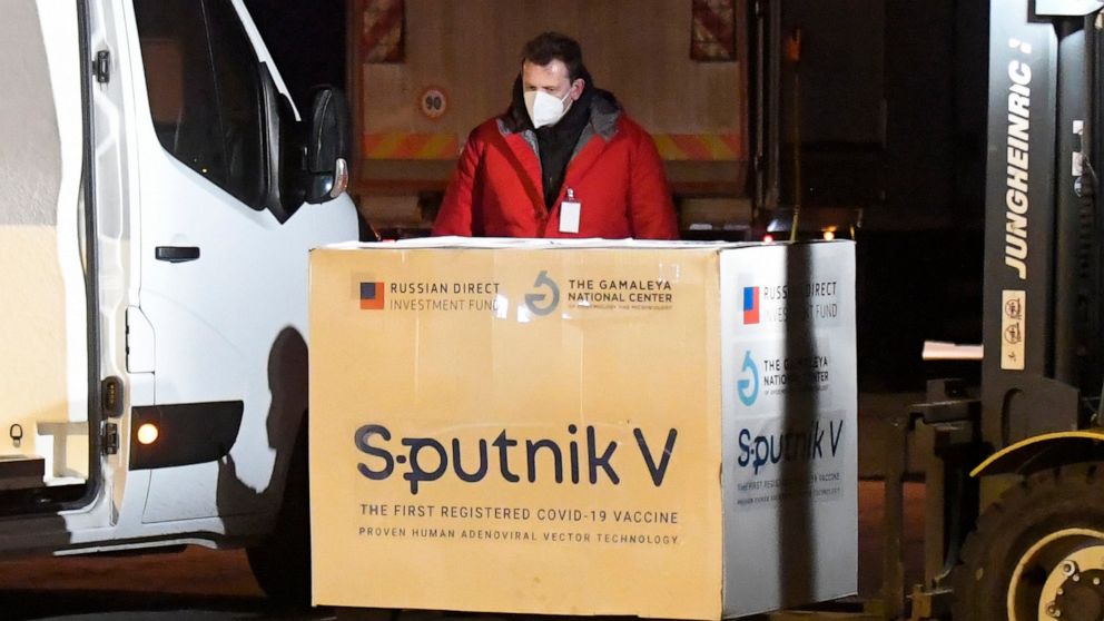 Russia's Sputnik V coronavirus vaccine arrives at Kosice Airport, Slovakia, Monday March 1, 2021. Hard-hit Slovakia signed a deal to acquire 2 million dozes of Russia’s Sputnik V coronavirus vaccine. The country's prime minister says Slovakia will ge