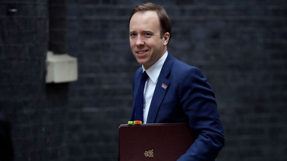 FILE - In this file photo dated Tuesday, April 2, 2019, Britain's lawmaker Matt Hancock arrives for a cabinet meeting at 10 Downing Street, London. Health Secretary Matt Hancock said that after the first round of voting, it was clear he did not have 