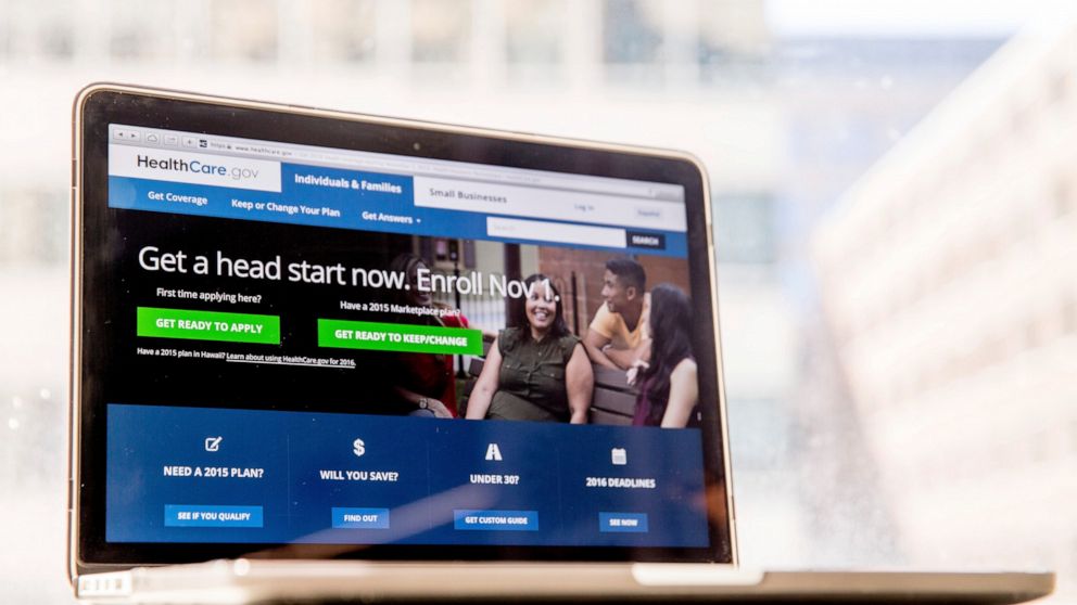 FILE - In this Oct. 6, 2015, file photo, the HealthCare.gov website, where people can buy health insurance, is displayed on a laptop screen in Washington. A new poll finds that Americans are giving Democrats a clear advantage on health care as the 20