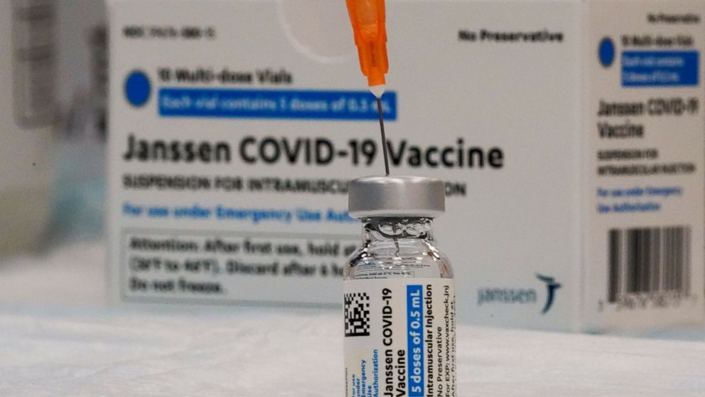 FILE - In this April 8, 2021 file photo, the Johnson & Johnson COVID-19 vaccine is seen at a pop up vaccination site in the Staten Island borough of New York. With a green light from federal health officials, several states resumed use of the one-sho