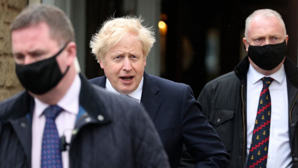 British Prime Minister Boris Johnson leaves after speaking to the media with Conservative Party candidate Jill Mortimer, who won the Hartlepool by-election, at Hartlepool Marina, in Hartlepool, north east England, Friday, May 7, 2021. Britain's gover
