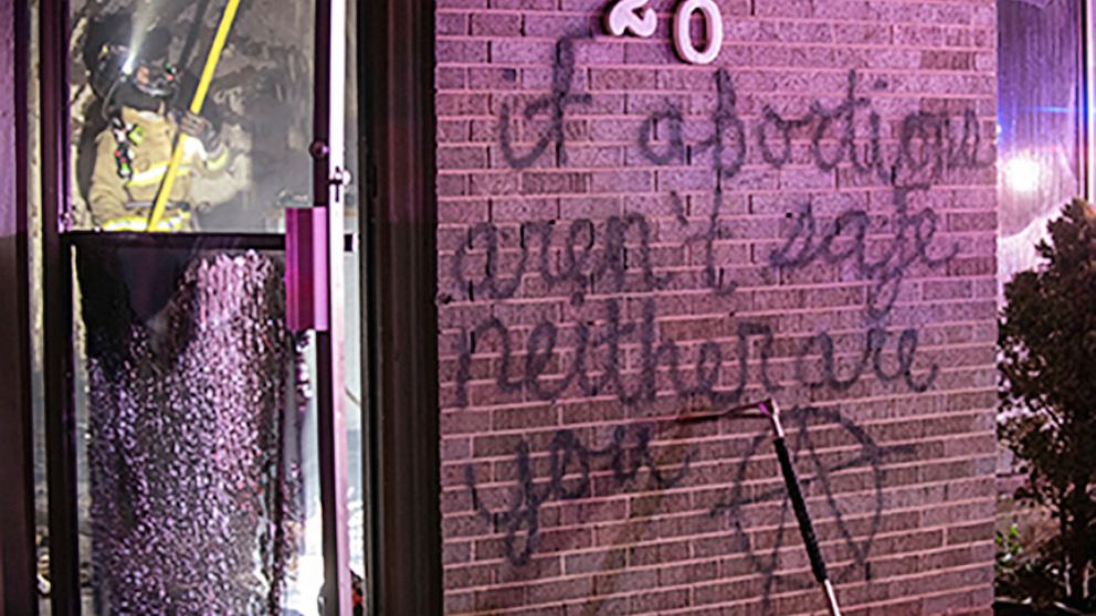 In this photo released by the Longmont Police Department the Life Choices building in Longmont, Colo., is seen vandalized on Saturday, June 25, 2022, following a fire at the Christian pregnancy center. The fire, which is being investigated by police 