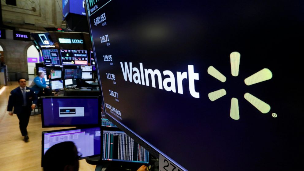 FILE - In this Feb. 18, 2020 file photo, the logo for Walmart appears above a trading post on the floor of the New York. Walmart reports quarterly financial results reports quarterly financial results Tuesday, Nov. 15, 2022. (AP Photo/Richard Drew, File)