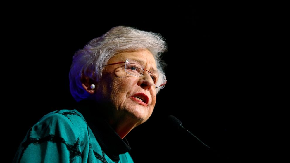 FILE - In this Nov. 6, 2018 file photo Republican Gov. Kay Ivey speaks to supporters after she won the election at a watch party in Montgomery, Ala. Ivey announced Thursday, Sept. 19, 2019 that she will receive treatment for a malignant spot on her l