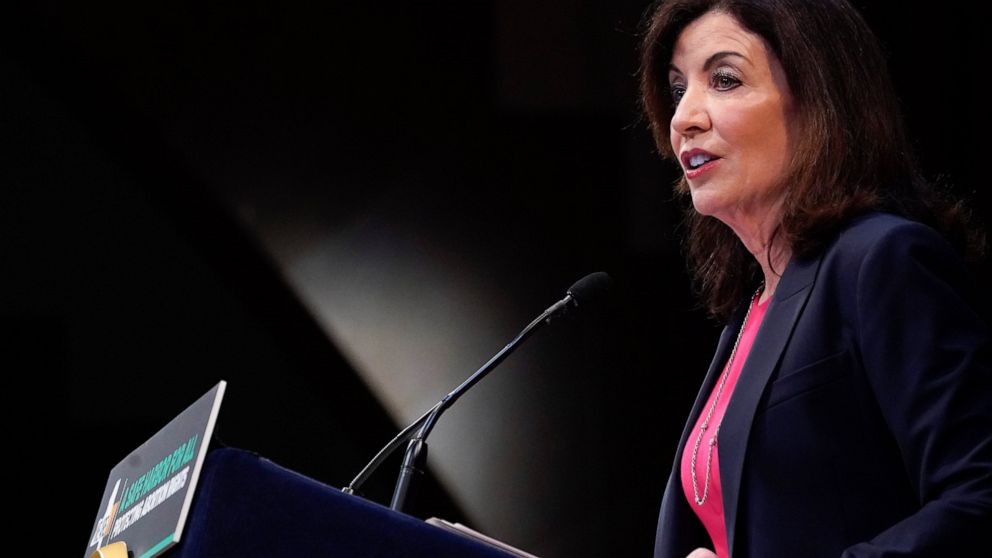 New York Gov. Kathy Hochul speaks during a ceremony to sign a legislative package to protect abortion rights in New York, Monday, June 13, 2022. New York has expanded legal protections for people seeking and providing abortions in the state under leg