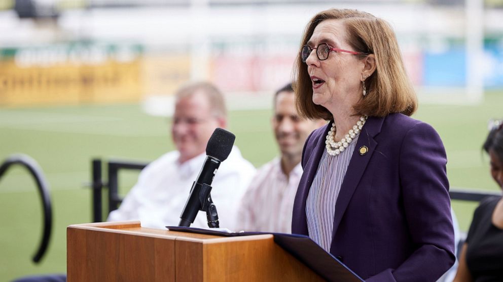 Oregon Governor Kate Brown announces the end of the state's COVID-19 restrictions in Portland, Ore., Wednesday, June 30, 2021. (AP Photo/Craig Mitchelldyer)