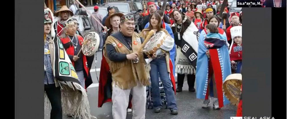This Nov. 5, 2020, photo provided by the Sealaska Heritage Institute shows a Zoom memorial service for Tlingit elder David Katzeek, conducted by the Institute, showing highlights of Katzeek's life as people honored him over the internet as the pandem