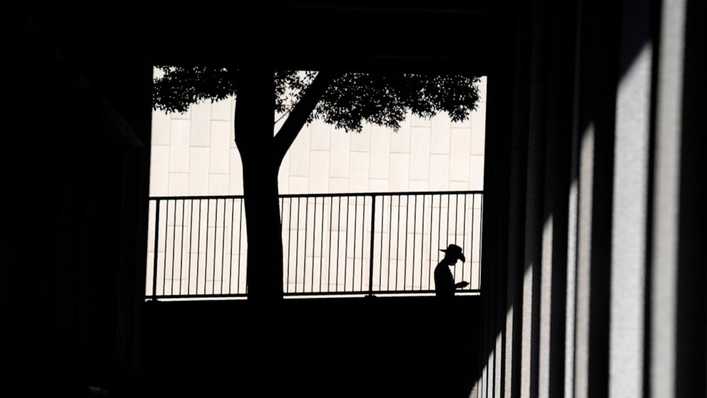 FILE - A person is silhouetted against a wall as they look down at their cell phone outside the Clara Shortridge Foltz Criminal Justice Center on July 29, 2021, in Los Angeles. With abortion now or soon to be illegal in over a dozen states and severe
