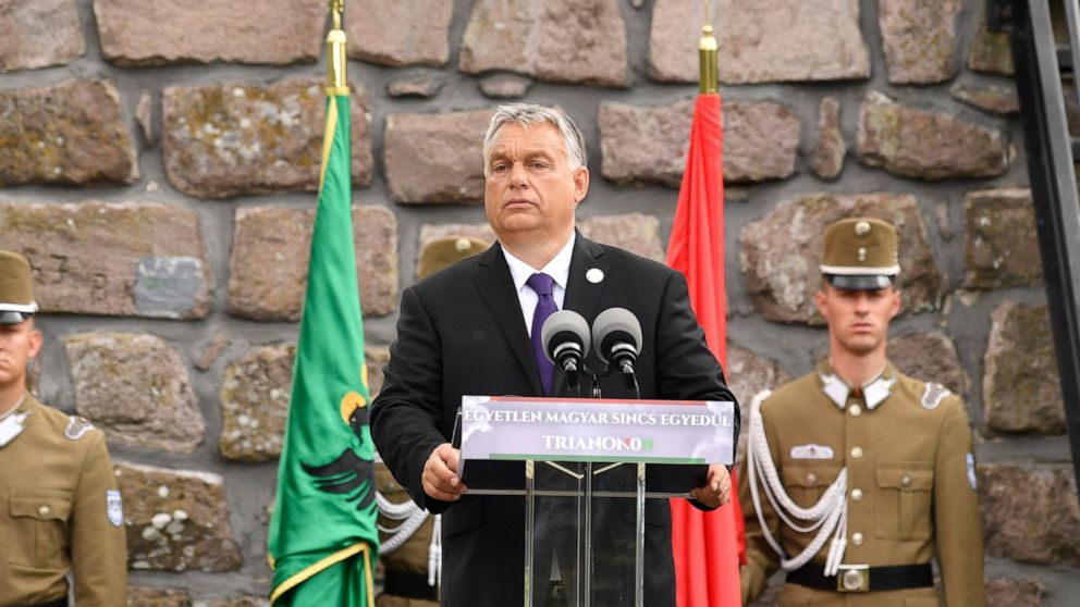 Hungarian Prime Minister Viktor Orban delivers his speech during the inauguration of the Centenary Turul Statue in commemoration of the 100th anniversary of the Trianon Peace Treaty in Satoraljaujhely, Hungary, Saturday, June 6, 2020. The Turul, most