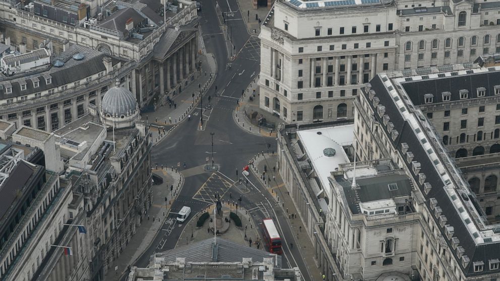 A view over the City of London looking at the Bank of England, right, from the 59th floor of 22 Bishopsgate in London, Thursday, April 1, 2021. When the pandemic struck, about 540,000 workers vanished from London's financial hub almost overnight. The